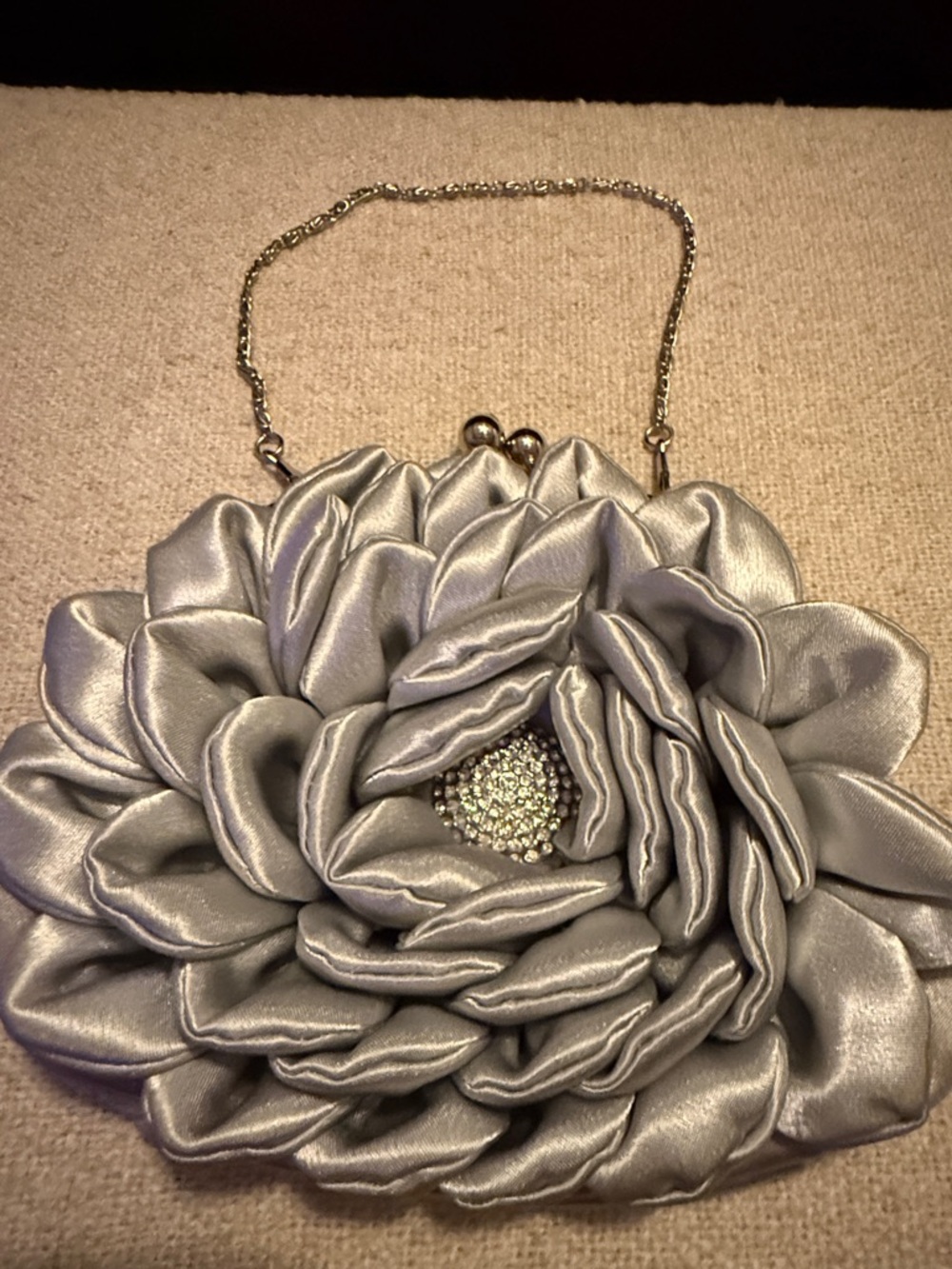 Silver Floral Satin Evening Clutch with Chain